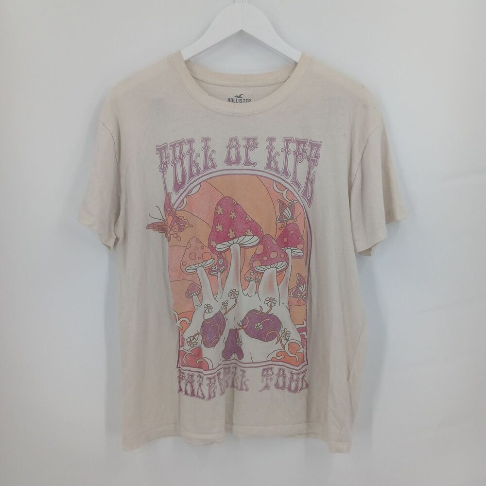 womans Hollister Off White mushroom Graphic Tee Short Sleeve Crew Neck Size XS